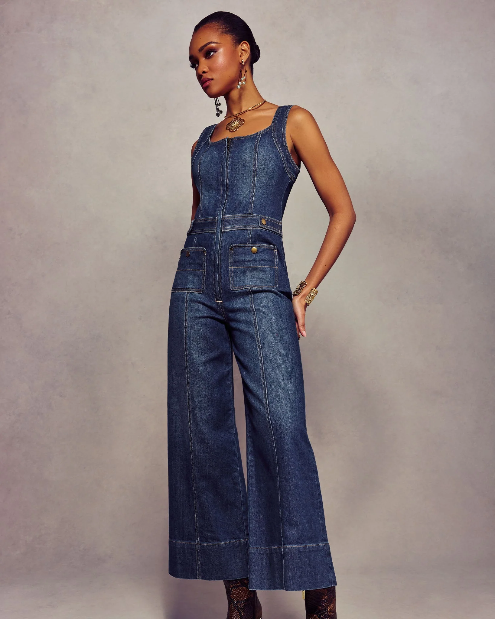 Janet Cropped Wide Leg Denim Jumpsuit - Image 5