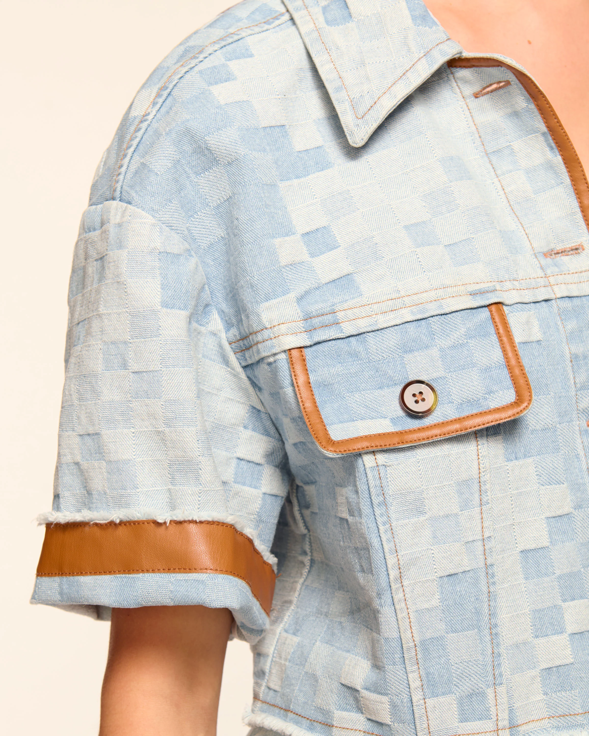 Melanie Short Sleeve Checkered Jean Jacket - Image 3