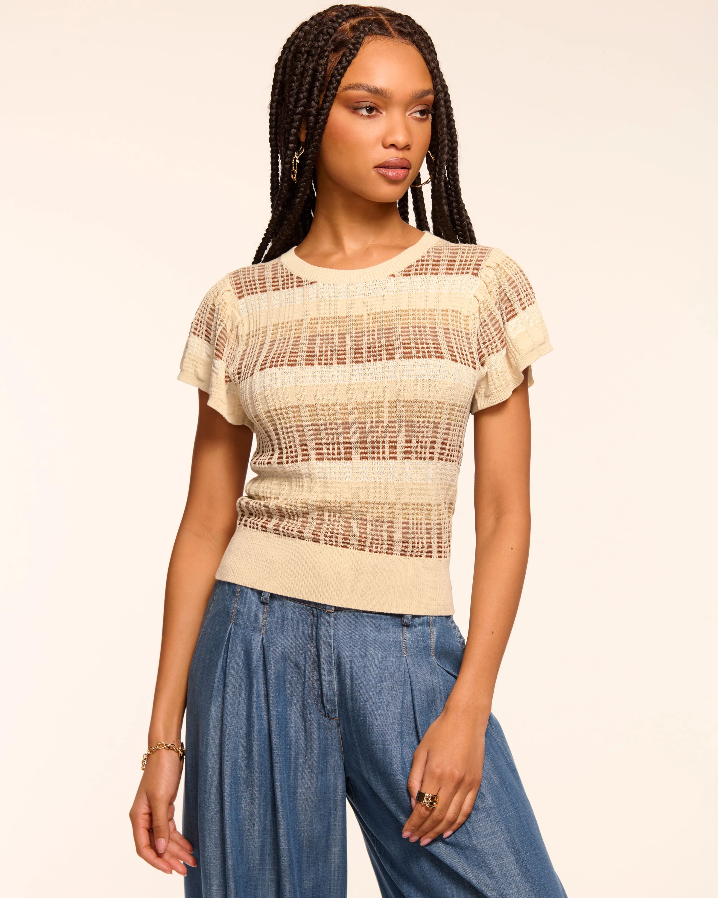 Rebecca Plaid Knit Flutter Sleeve Top - Image 3